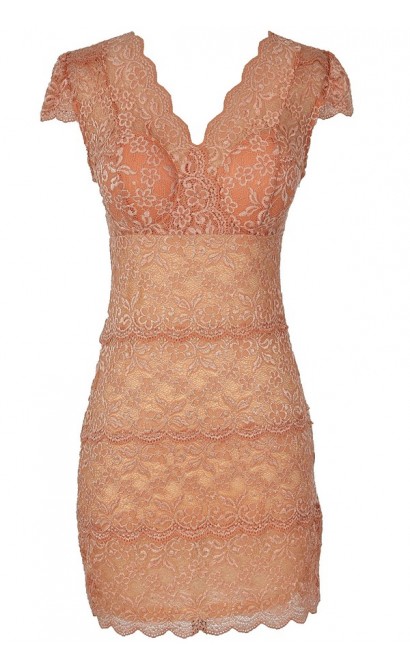 Material Girl Delicate Lace Bustier Dress in Peach Beige